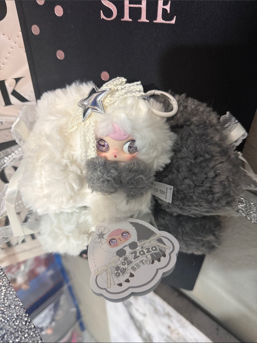 Zaza Plush Keychain Doll - White, Gray & Pink Accents